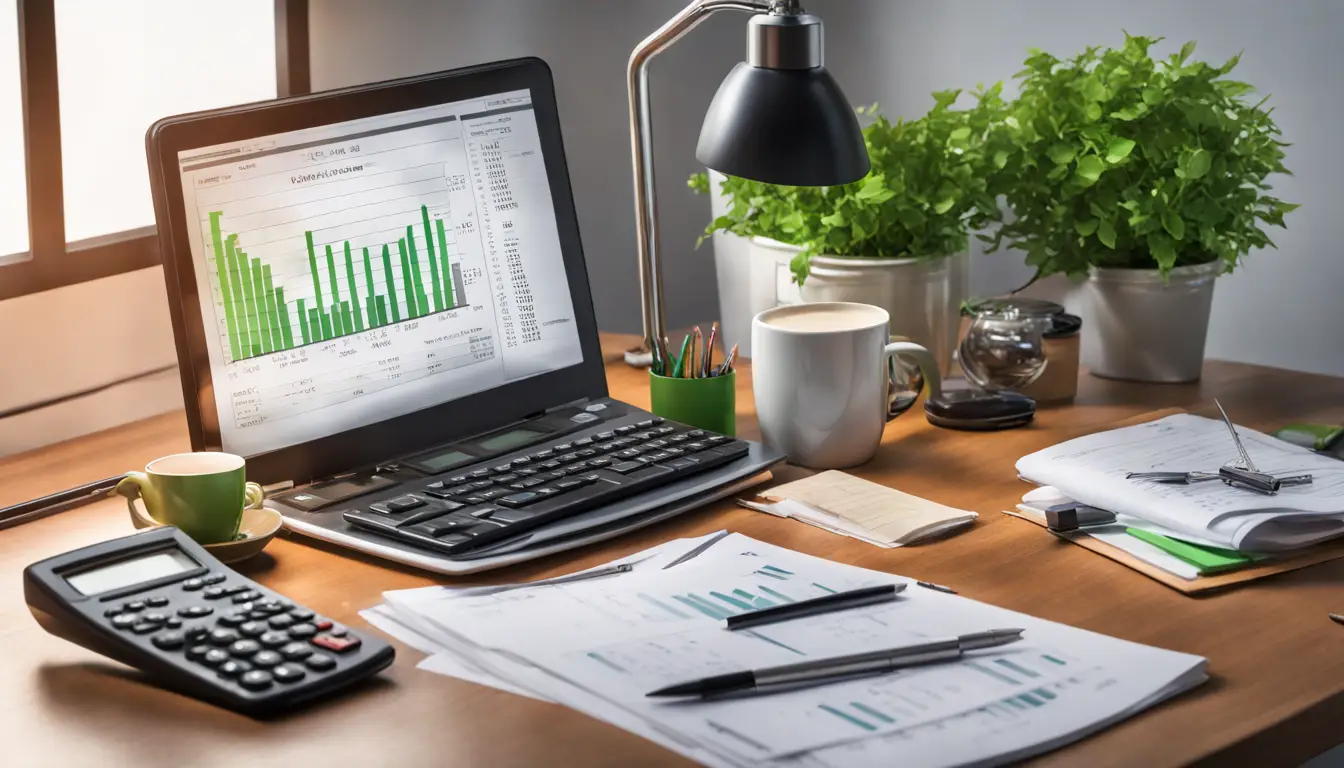 Uma mesa de madeira organizada com um laptop, calculadora, relatórios financeiros e uma caneca de café embaixo de uma lâmpada.