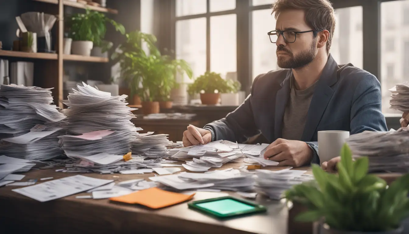 Empresário em mesa bagunçada com pilhas de contas coloridas e calculadora quebrada ao lado.